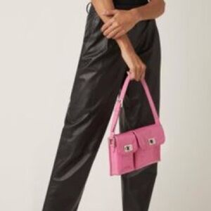 By Far Billie Patent Leather Top Handle Bag Bright Pink Pockets Toggles
